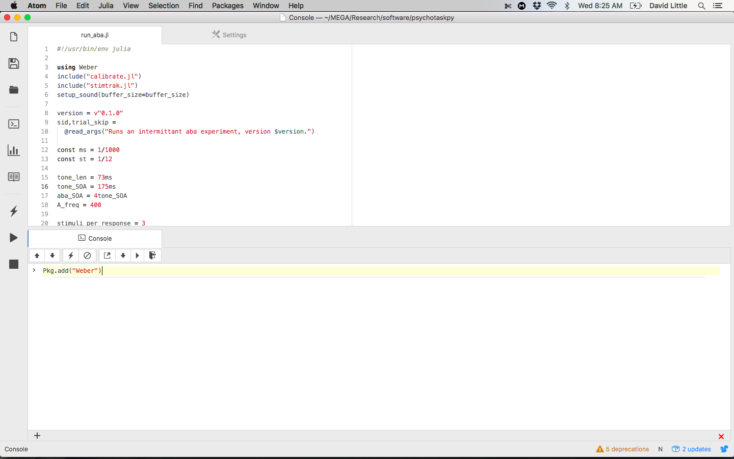Image of `Pkg.add("Weber")` in Console